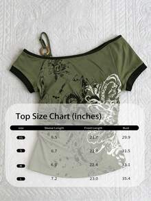 女士Y2K复古不对称T恤 - 橄榄绿，单肩O型环，抽象印花，侧边褶皱，休闲夏季款 - 彩色 - 查看 9