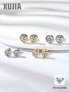 XUJIA 1 pereche de cercei cu șurub și diamant din argint 925, cercei cu moissanit rotund VVS1, culoare D, 5 mm/6,5 mm, cercei minimalisti strălucitori de zi cu zi, cadou perfect pentru femei de ziua de naștere sau aniversare - EMO-556 - Vizualizare 2