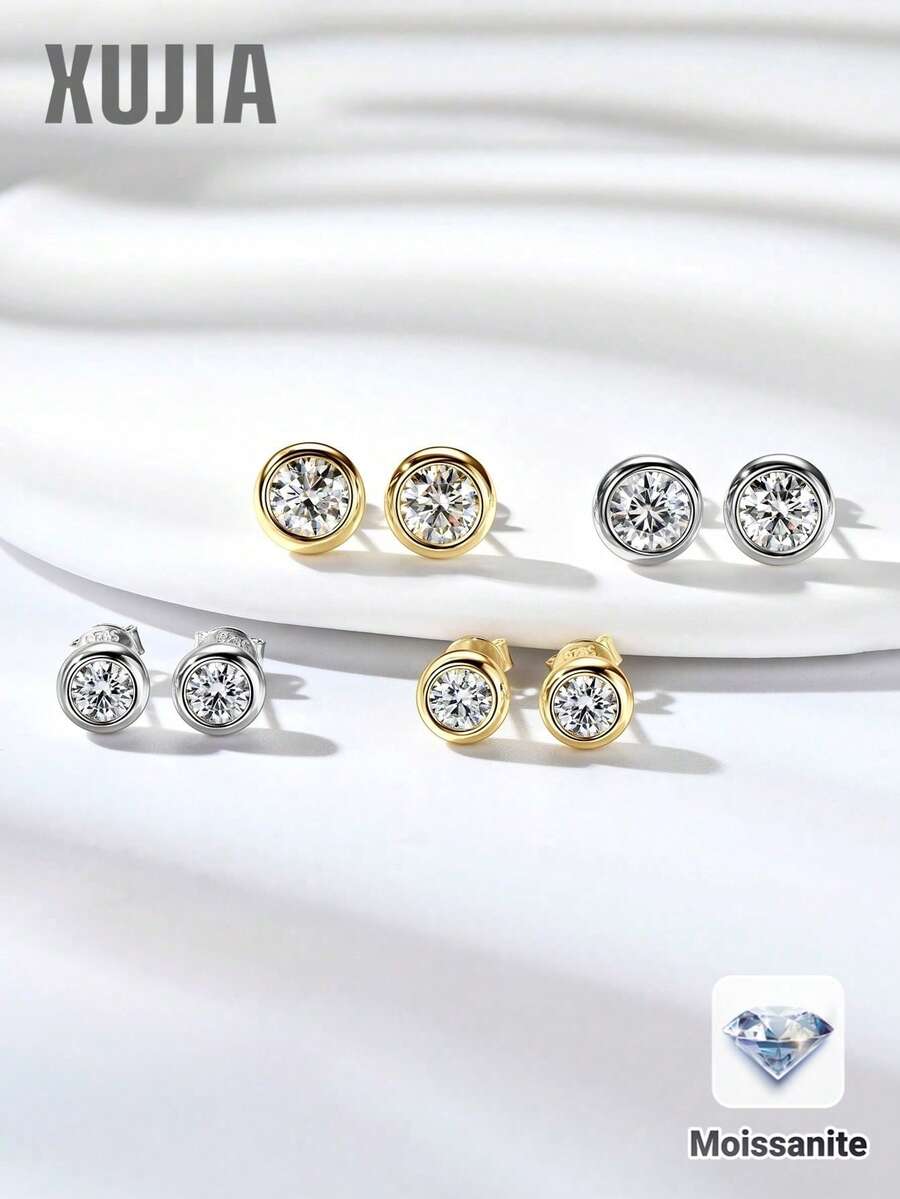 XUJIA 1 pereche de cercei cu șurub și diamant din argint 925, cercei cu moissanit rotund VVS1, culoare D, 5 mm/6,5 mm, cercei minimalisti strălucitori de zi cu zi, cadou perfect pentru femei de ziua de naștere sau aniversare