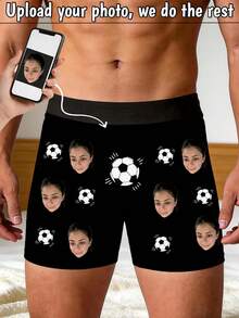 1pc Men's Custom Face & Football Print Black Breathable Elastic Comfortable Novelty Boxer Briefs, Suitable For Football Fans And Daily Wear - Multicolor - View 2