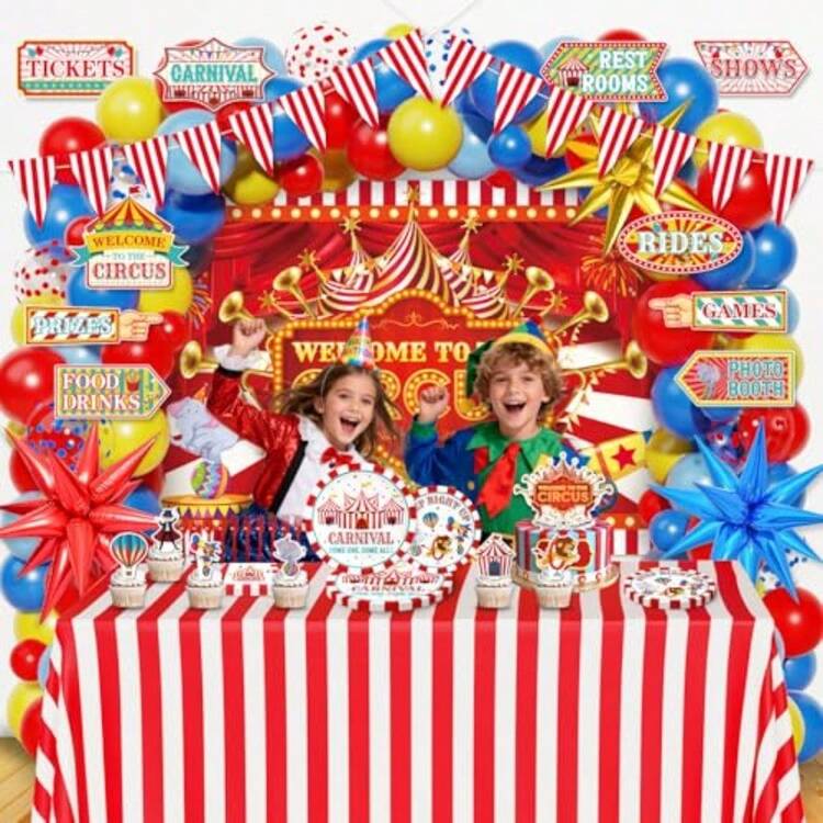 Carnival Circus Party Decorations Balloon Garland Arch Kit Birthday Party Plies Foil Balloons Plates Napkins Set Backdrop Banner Cake Toppers Tablre Tablecloth Directional Party Signs - 紅黃藍深藍 - 查看 6