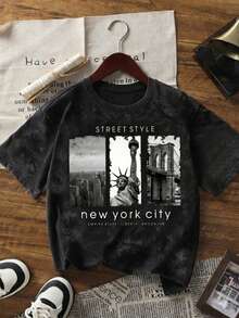 Áo thun ngắn tay in hình đồ họa thành phố New York, kiểu dáng đường phố cổ điển, màu đen. - màu đen - Xem 4