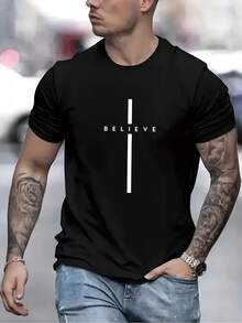 Camiseta de Hombre con Estampado BELIEVE - Negra con Estampado Blanco, Corte Regular, Casual de Verano, Manga Corta, Lavable a Máquina, Diseño Estilo Urbano, Tela Sencilla y Cómoda, Camiseta Ligera, Esencial para la Moda Urbana. - Negro - Ver 1