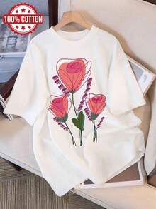 Damtoppar 2026 Casual dam-T-shirt | Handritat tryck med rosenstjälkar och blomknoppar, avslappnad passform, korta ärmar, rund halsringning sommaroutfit för kvinnor - [Vit] - Visa 1