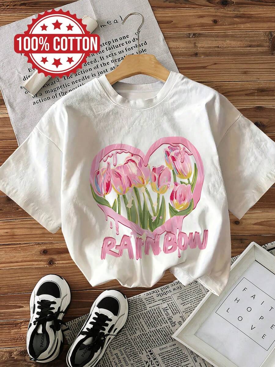 Hauts femme été 2026, T-shirt décontracté femme, col rond, manches courtes, imprimé cœur-tulipe-arc-en-ciel, LingK tenue d'été femme - [Blanc] - Voir 1