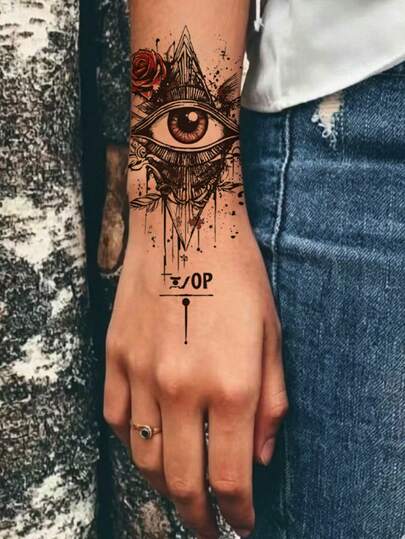 1 pezzo Tatuaggio temporaneo con rosa e occhio, adesivo per body art, stampa floreale, adatto per donne o uomini su mano, piede, realistico, impermeabile e anti-sudore, può coprire cicatrici, adatto per feste da ballo, esibizioni, arte moderna