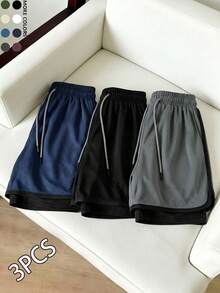 男士三件套抽绳腰带休闲运动短裤，时尚二合一设计，适合骑行、篮球、跑步和室内冬季运动 - 彩色 - 查看 5
