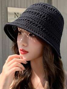 1顶女士时尚波西米亚风倒三角字母巴黎米兰手工钩编草帽，适合海滩度假穿着 - A - 查看 3