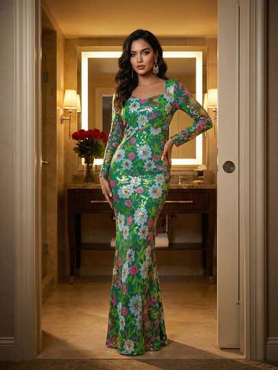 Đầm maxi đuôi cá dài tay cổ vuông phối sequin hoa văn thanh lịch dành cho nữ, thích hợp dự tiệc và dạ hội (Họa tiết mặt trước và mặt sau có thể không trùng khớp, thiết kế hoa ngẫu nhiên)