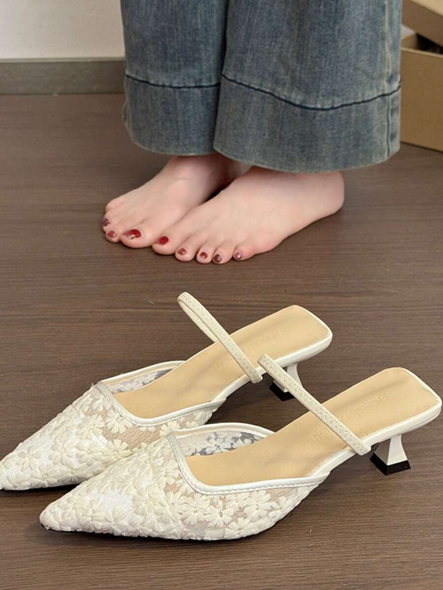 时尚女士尖头高跟鞋,花卉图案,踝带设计,优雅高跟鞋,露趾凉鞋 - 米色 - 查看 1