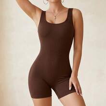 Women's Fitness Jumpsuit, Ribbed Fabric, Short Shaping Style - Rust Brown - View 14