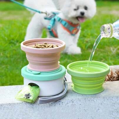 3-In-1 Collapsible Dog Bowl Set - Portable Silicone Food, Water & Treat Dispenser For Travel, Heat-Resistant & Washable Leak-Proof Pet Bowls For Outdoor, Walking & Camping (Trash Bags Not Included)