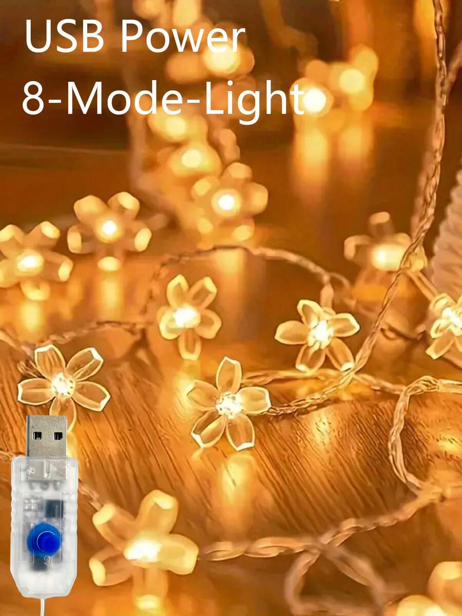 1件裝 USB 櫻花仙女燈串，8種照明模式，室內燈飾營造舒適氛圍，適用派對、婚禮牆面裝飾、節日與居家裝飾，為臥室、房間、辦公室、畢業典禮增添浪漫氛圍