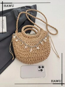 1个半圆形镂空手提包，时尚沙滩度假草编包 - 卡其色 - 查看 4