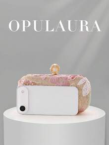 OpulAura 1pc Pink Sequin Embroidered Floral Elegant Clutch Bag, Suitable For Formal Occasions, Fashion Women's Clutch With Clasp Closure, Applicable For Women's Wedding/Gala, Banquet, Ball, Party And Other Events. Pattern Randomly Cut. - Pink - View 7