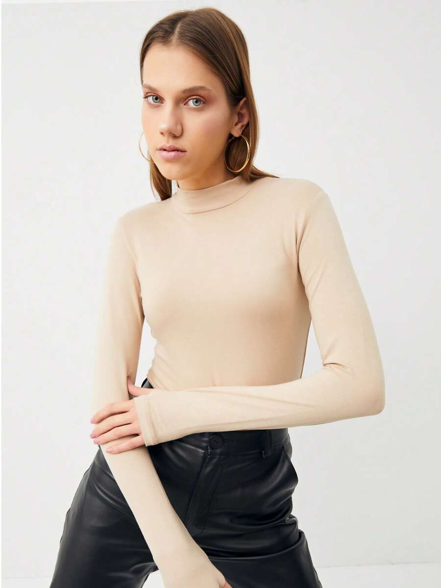 Women's Long Sleeve Bodysuit Mock Neck Slim Fit Basic Stretch Top Finger Detail Blouse - Cream - View 1