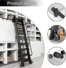 Bibliothèque d'accessoires pour échelles roulantes, kit d'accessoires pour échelles extensibles (sans échelle) avec rouleau de sol, rail tubulaire rond en acier noir, longueurs de 1 à 8 mètres, bibliothèque d'accessoires pour échelles extensibles, échelle roulante complète - A - Voir 3