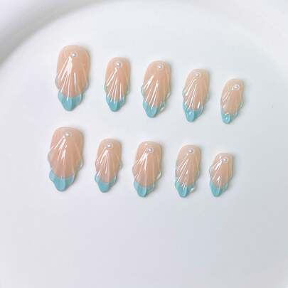10pcs Mint Green French Manicure Nail Tips, Nude Pink Almond Shaped, Reusable With Tool Kit