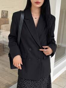 Women's Striped Lining Contrast Color Pocket Double-Breasted Blazer, Suitable For Commuting, Office, Casual Daily Wear - Black - View 6