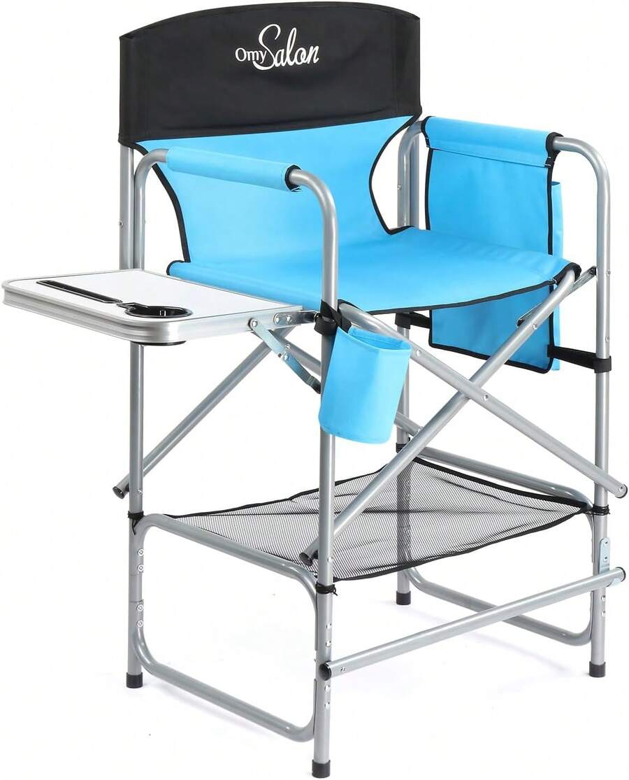 26" Extra Tall Director Chair W/Side Table, Heavy-Duty Steel Frame Portable Folding Bar Stool W/Storage Pockets, For Makeup Artist, Salon, Studio, Camping, 301 Lbs Capacity (Navy) - 黑/藍 - 查看 1