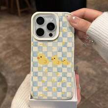 1pc TPU Soft Cute Blue Plaid Little Yellow Duck Pattern Phone Case, Compatible With IPhone 17 Pro Max/17/16 Pro Max/15/13/12/11, S20 FE/A15/S24/A55, Note 11/12/13 Pro, Full Coverage Anti-Drop Soft Protective Cover - White - View 3