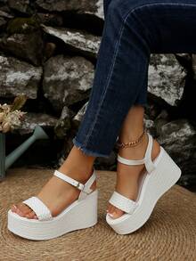 Women's Bow Decor Platform Wedge Slide Sandals, Comfortable Open Toe Beach Casual Outdoor Slippers - White - View 4