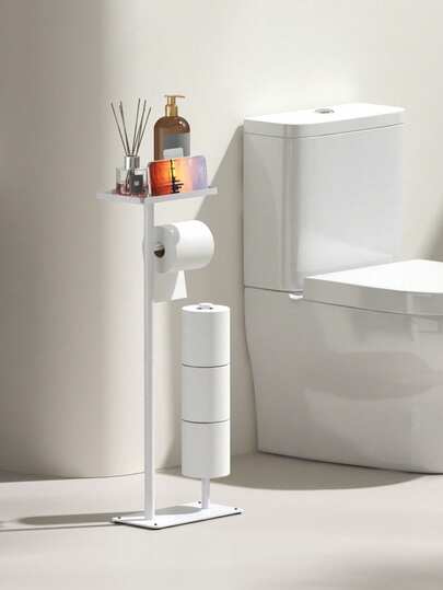 1pc White/Black Multifunctional Storage Rack - Vertical Space-Saving Bathroom Organizer With Storage Trays, Toilet Paper Holder, Durable Floor-Standing Design, Suitable For Small Bathrooms