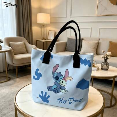 Disney Stitch Tote Bag - Light Blue "Hey There!" Print Large Capacity Canvas Shoulder Bag For Daily Use