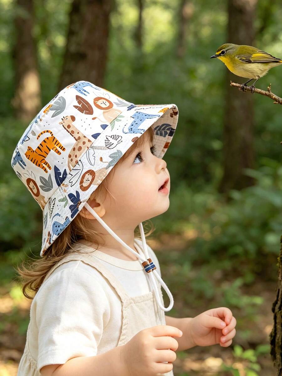 1pc Cartoon Tiger & Lion Animal Pattern White Toddler Sun Hat, Suitable For Spring, Summer, Autumn Outdoor Sun Protection - White - View 1