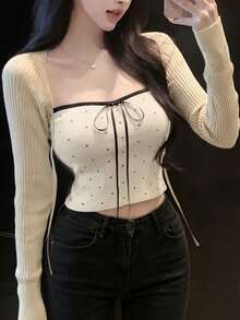 Bộ đồ 2 mảnh chấm bi gợi cảm mới mùa Xuân/Hè 2026 dành cho nữ, áo khoác cardigan dệt kim gân buộc dây, trang phục thanh lịch, đa năng cho công sở và hẹn hò. - Màu be - Xem 1