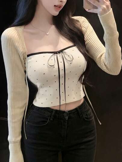 2026春夏新款性感波点两件套女装，系带罗纹针织开衫，优雅通勤约会百搭套装