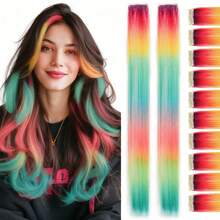 Colored Hair Extensions 22Inch Multi-Colors Straight Clip In Hair Extensions Rainbow Party Highlights Synthetic Hairpieces Nice Gift For Girls - Multicolor - View 9