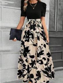 Women's Printed Maxi Dress Short Puff Sleeve Crew Neck Tie Waist Casual Long Dress For Daily Wear Party - Màu kaki - Xem 6