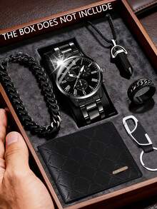 6件套极简商务男士石英表配件套装，酷炫黑色系列男士石英表配件套装，包括：黑色钢表带黑色表盘男士石英表、黑色链男士手链、项链、戒指、男士钱包、钥匙扣，整体采用酷炫全黑设计，由耐用材料制成。 - 黑色 - 查看 6