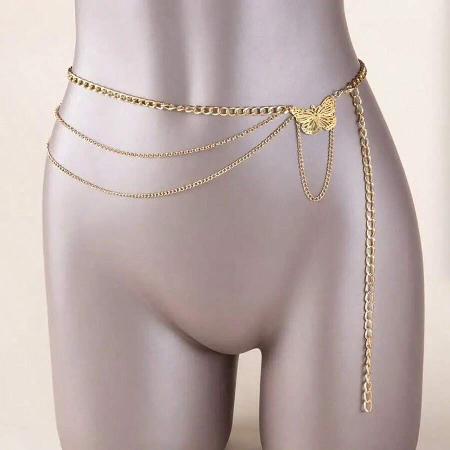 1pc Fashion Metal Chain Tassel Butterfly Multilayer Adjustable Waist Belt, Vintage Personalized Body Chain For Women - Gold - View 1