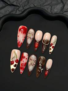 10pcs Elevate Your Style With Long Handmade Acrylic Press On Nails Featuring Dimensional Cherry Sculptures, Alloy Rhinestone Accents, And Hand-Painted Designs-Ideal For Feminine, Bold, And Eye-Catching Nails. - 粉色 - 查看 2