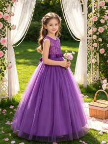Long Princess Tulle Dress, Girls Formal Gown For Wedding, Birthday Party, Recital, Flower Girl Dress - Purple - View 2