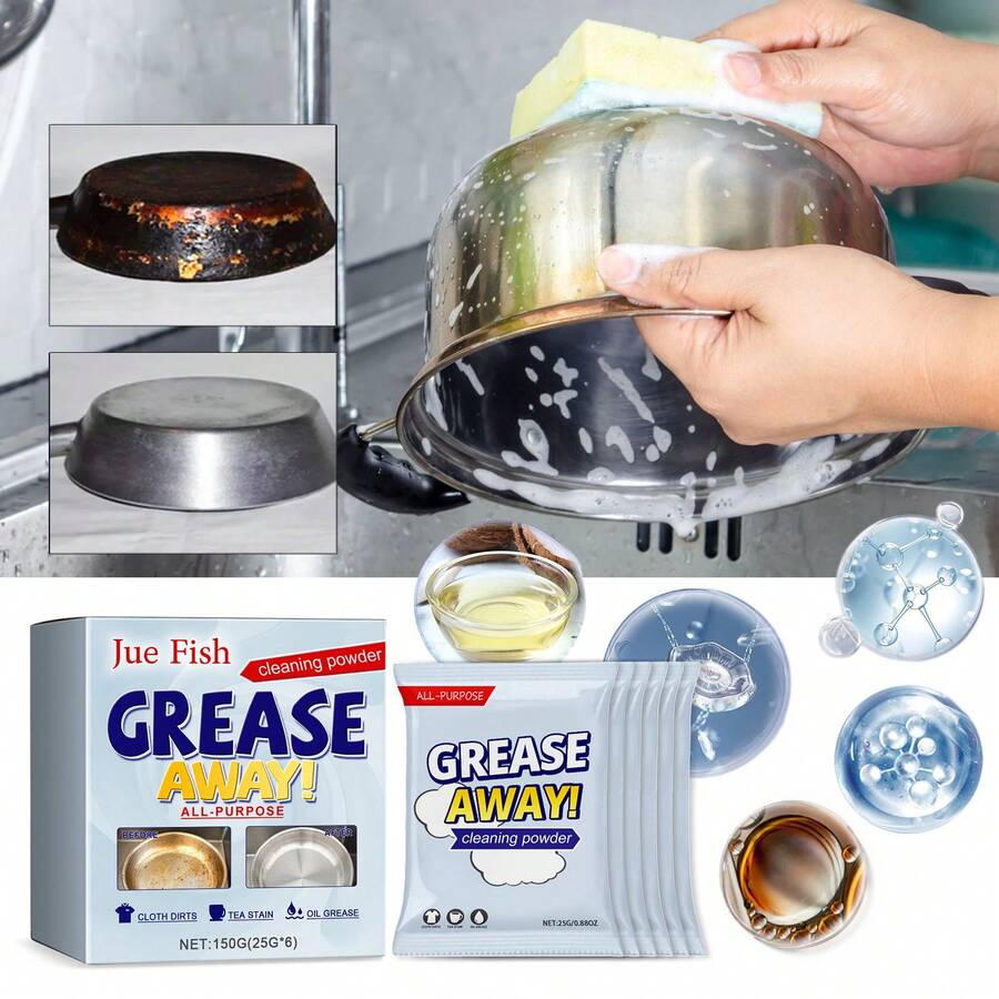 Jue Fish Polvo limpiador multifuncional para cocina, elimina manchas difíciles y grasa, Quitagrasa Multiuso para Hogar, Elimina Manchas de Grasa, Sarro y Residuo, Limpiador Eficaz para Cocina, Ollas, Sartén, Estufas y Extractor de Humo, Kit de 6 Sobres