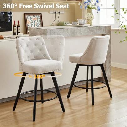 Beaully 26inch Seat Height Swivel Bar Stool Set Of 2,  Linen Fabric Bar Chairs With Upholstered Backrest And Metal Legs For Kitchen Island, Dining Room, Beige