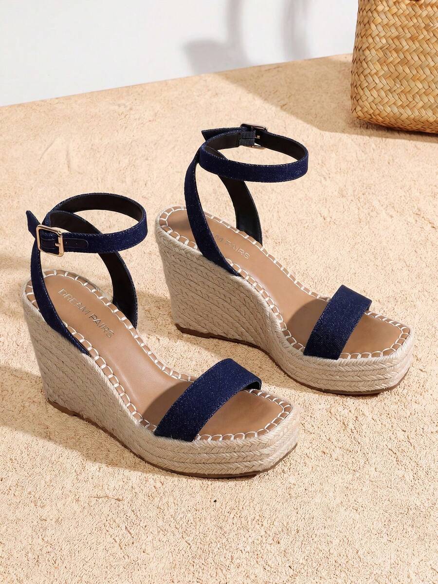 Women's Espadrille Wooden Heeled Wedge 4.17-Inch Platform Sandals Open Toe Adjustable Buckle Ankle Strap Comfortable Fashion Dressy Summer Shoes - 藏蓝色 - 查看 1
