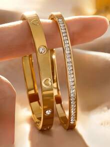 Versatile Stainless Steel Four-Leaf Clover & Nail Bracelet, Suitable For Women's Daily Wear, Holiday Gifts, Eid Al-Fitr Presents - Gold 3 - View 6