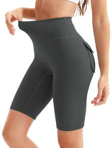 Pantalones de yoga de cintura alta para mujer/con bolsillos, pantalones de yoga que levantan el trasero para ejercicio, con suave elasticidad y transpirabilidad. Pantalones cortos deportivos con ajuste ceñido, adecuados para correr, ciclismo, fitness, deportes al aire libre, entrenamiento. Pantalones cortos gruesos con un estilo de moda, adecuados para primavera y verano - Gris Oscuro - Ver 6