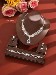 1对优雅吊坠耳环，1条迷人项链，1条镶嵌水钻的黑色水滴吊坠手链 - 铜质首饰套装，适合婚礼和特殊场合佩戴 - 銀黑色 - 查看 5