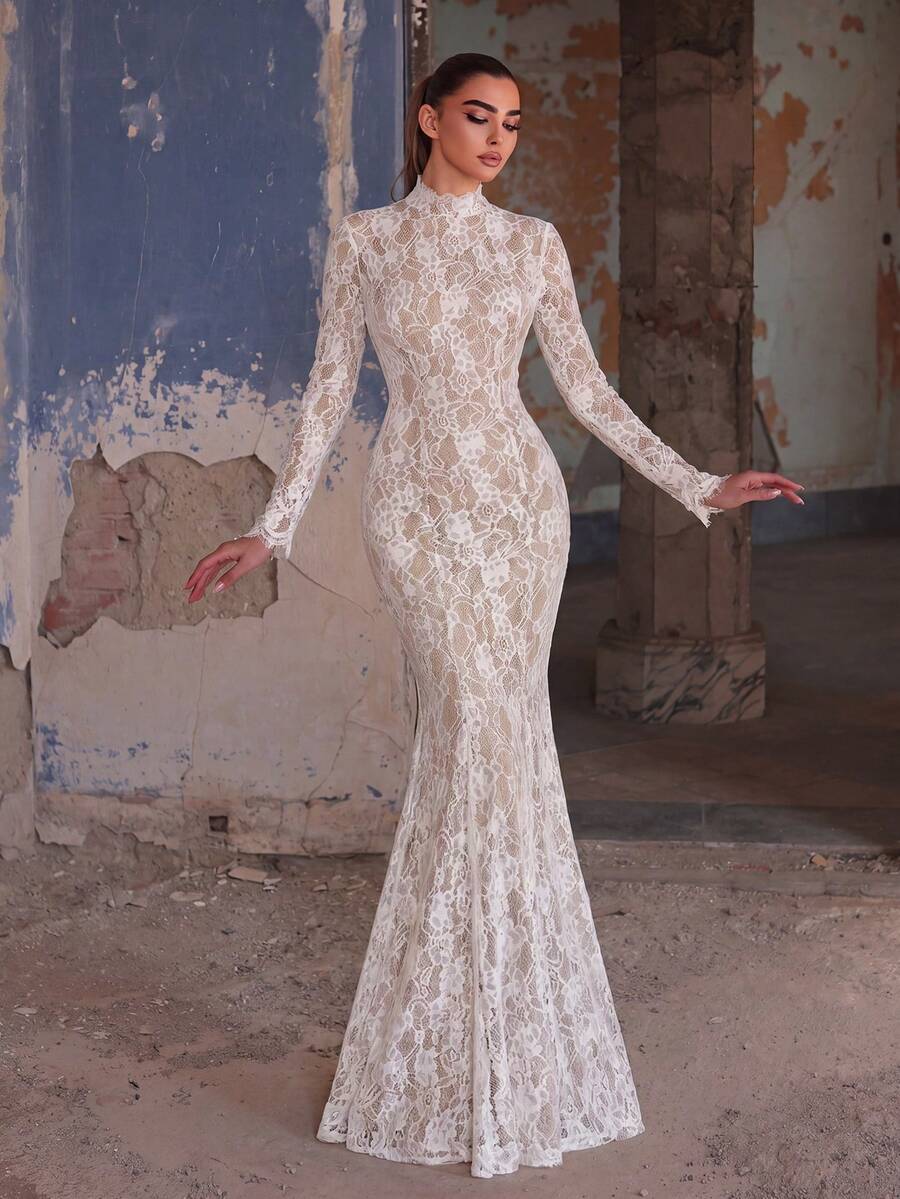 Elasola High Neck Long Sleeve Vintage Elegant Lace Evening Dress Semi-Sheer Fabric Suitable For Formal Dinners, Galas, Wedding Guests - White - View 1