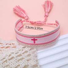 1pc Embroidered Cross Boho Handmade Woven Tassel Bracelet - Pink - View 5