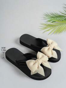Women's Beige Bow Decor Thick Sole Flip Flops, Casual Non-Slip Summer Convenient Sandals, Vacation Beach Wedge Shoes, Black Shoes - Beige - View 6