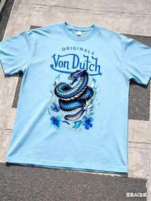 1PCS Men Creative Short Sleeve Print T-Shirt Blue Dragon And Flower Pattern With Vons Dutch Text Casual Wear Soft Fabric Breathable Print T-Shirt Summer Style 2026 - Màu xanh lam - Xem 3