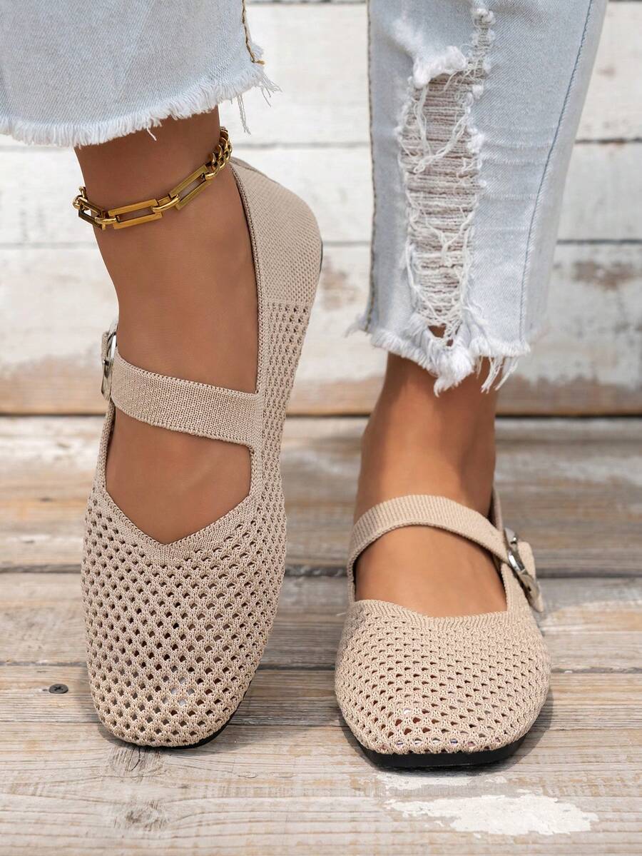 New Mary Jane Flat Shoes Women Square Toe Buckle Comfortable Versatile Suitable For Outings Vacation Commuting - Apricot - View 1