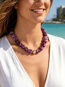 1/6 pièces Collier de perles carrées épaisses en PMMA de style bohème, pour femmes, vacances d'été/tenue de fête, cadeau de bijoux de mode pour la famille et les amis - Collier carré à perles dorées - Voir 9
