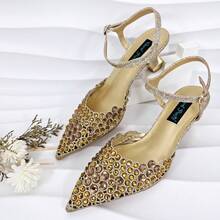 QueenaYan Pointed Toe Full Crystal Floral Hollow Lace High Heel Sandals, Rectangular Rhinestone Embellished Clutch Bag, Practical & Versatile - Gold - View 4